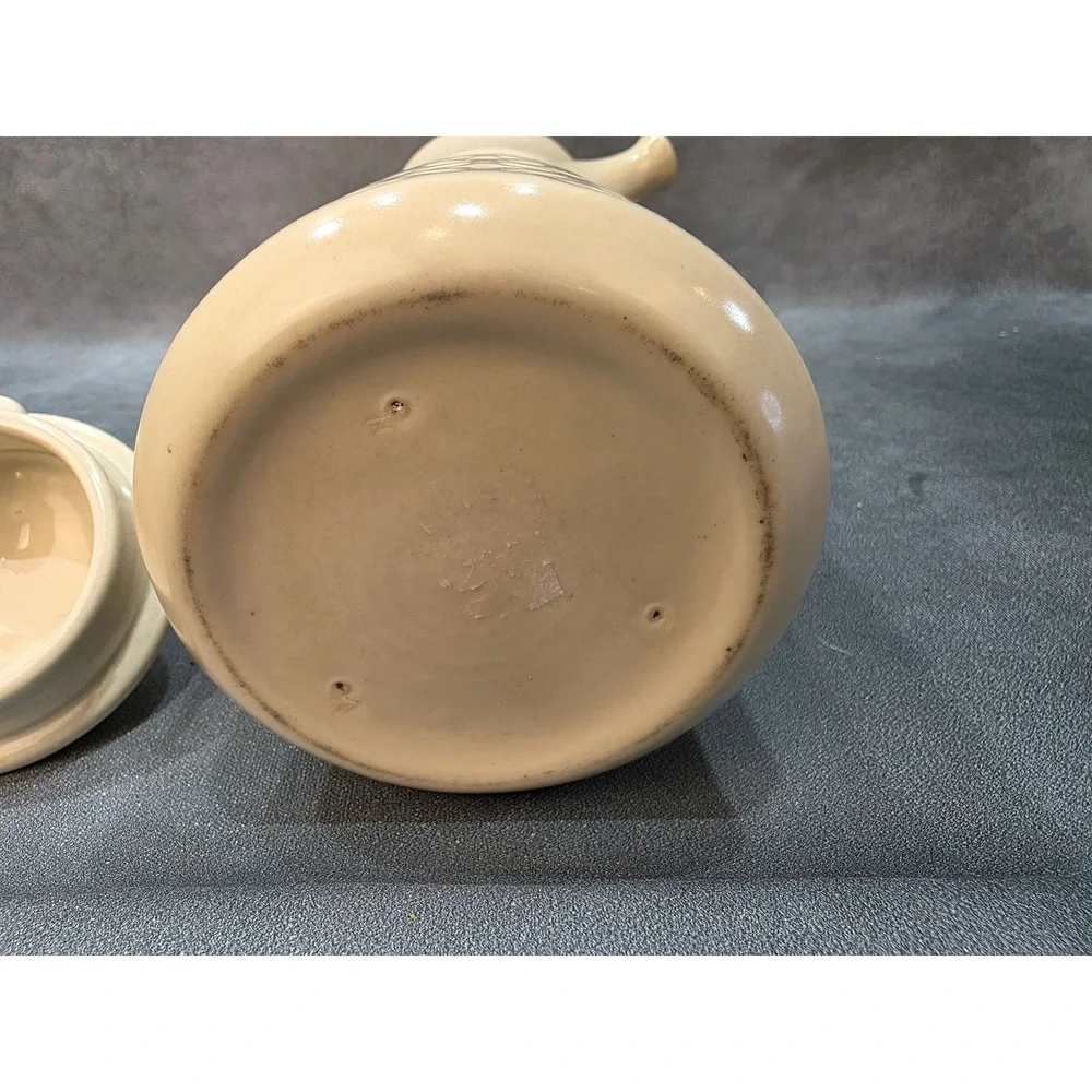 Handmade Studio Pottery Ceramic Pitcher with Lid Cream Geometric Embossed 13.5in